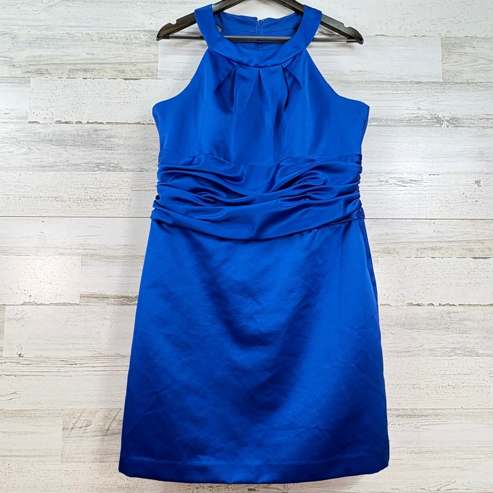 David's Bridal Royal Blue Satin Halter Ruched Cocktail Dress F13277 Womens 16